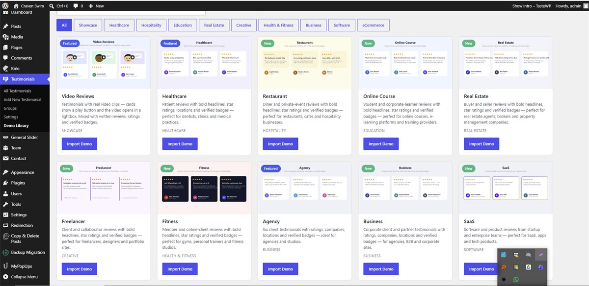 The Advanced Testimonial demo library in the WordPress admin, with ready-made sets grouped by industry