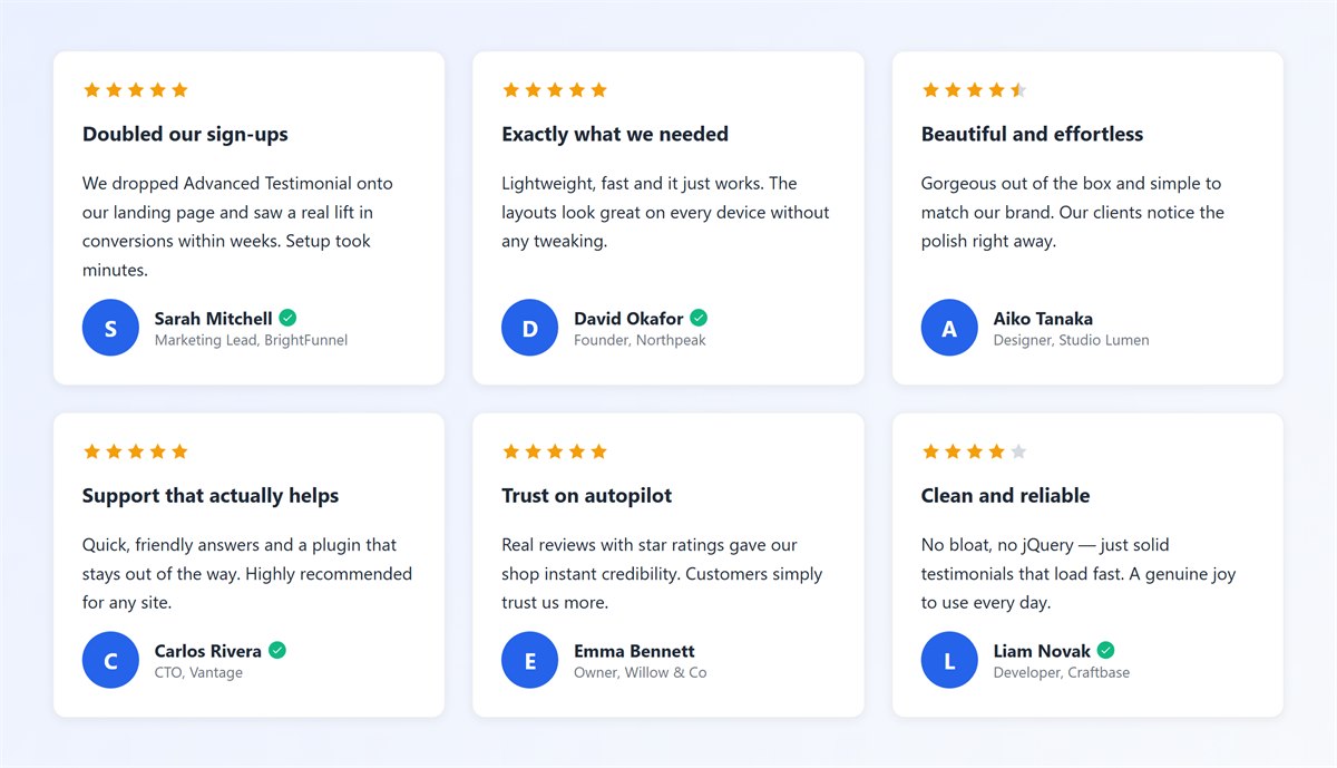 Advanced Testimonial grid layout on the front end, showing testimonial cards with star ratings and verified customer badges