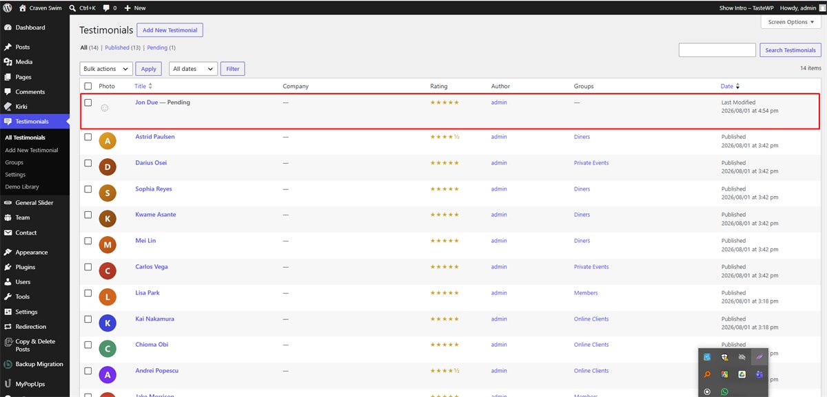 The WordPress admin Testimonials list showing a new visitor submission with Pending status