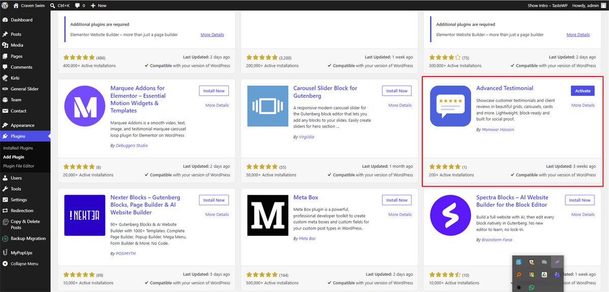 Advanced Testimonial shown in the WordPress Plugins, Add New search results