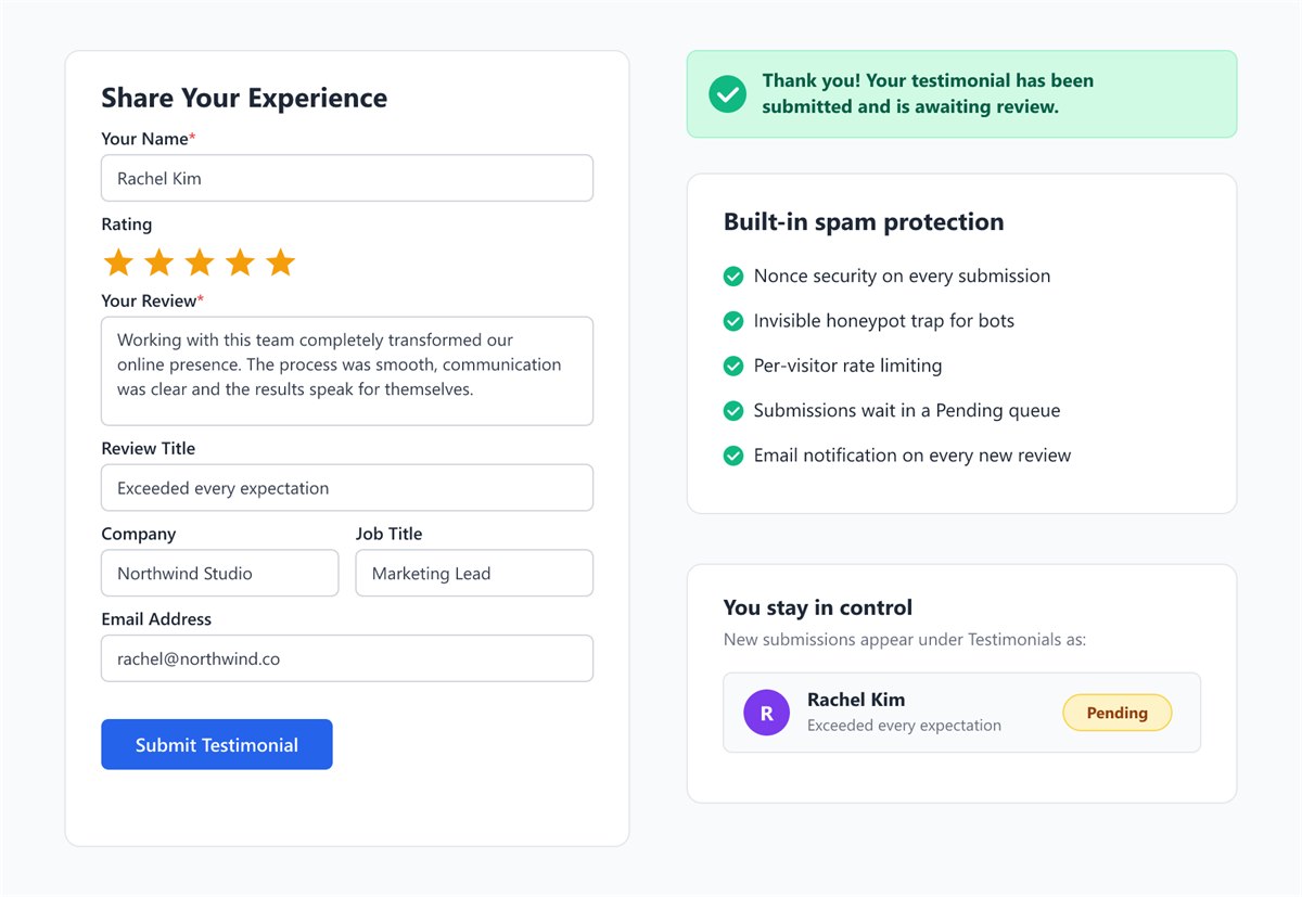 The front-end testimonial submission form where a visitor can leave their name, star rating and review