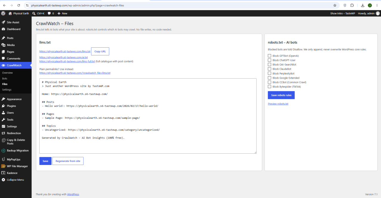 The CrawlWatch Files screen with the generated llms.txt on the left and per-bot robots.txt checkboxes for GPTBot, ClaudeBot, PerplexityBot and others on the right