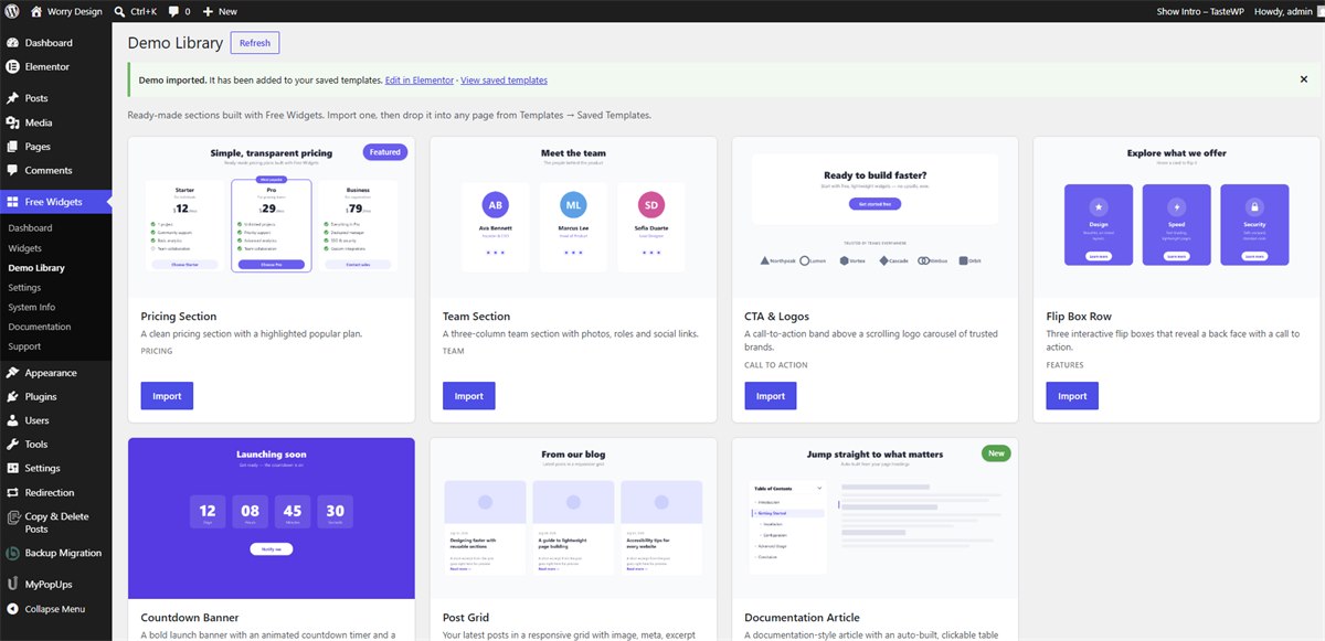 The Free Widgets For Elementor demo library screen with ready-made sections and a one-click Import button