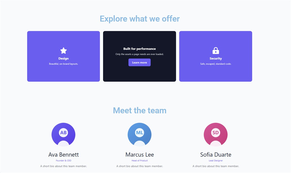 The Flip Box and Team widgets from Free Widgets For Elementor displayed side by side