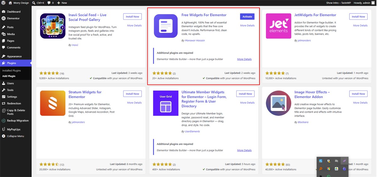Free Widgets For Elementor shown in the WordPress Plugins, Add New search results