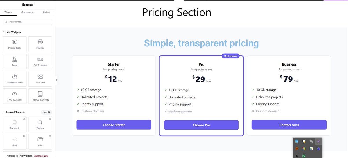 The Pricing Table widget from Free Widgets For Elementor, with three plans and the middle one highlighted as featured