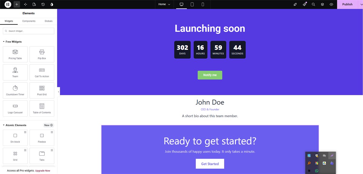The Free Widgets category open in the Elementor widgets panel, showing the widgets this plugin adds