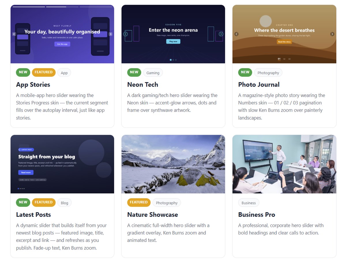 The General Slider demo library showing six ready-made sliders, each using a different design preset and navigation skin