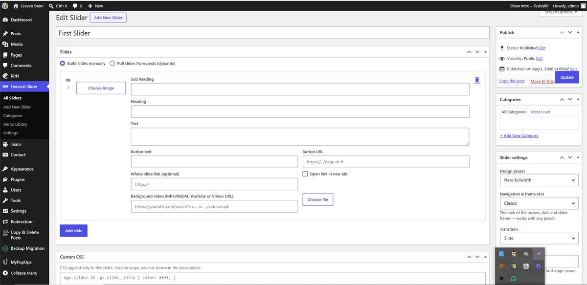 The General Slider edit screen showing the slide fields on the left and the slider settings panel on the right