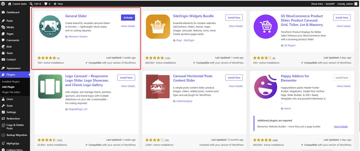 General Slider shown in the WordPress Plugins, Add New search results with an Activate button