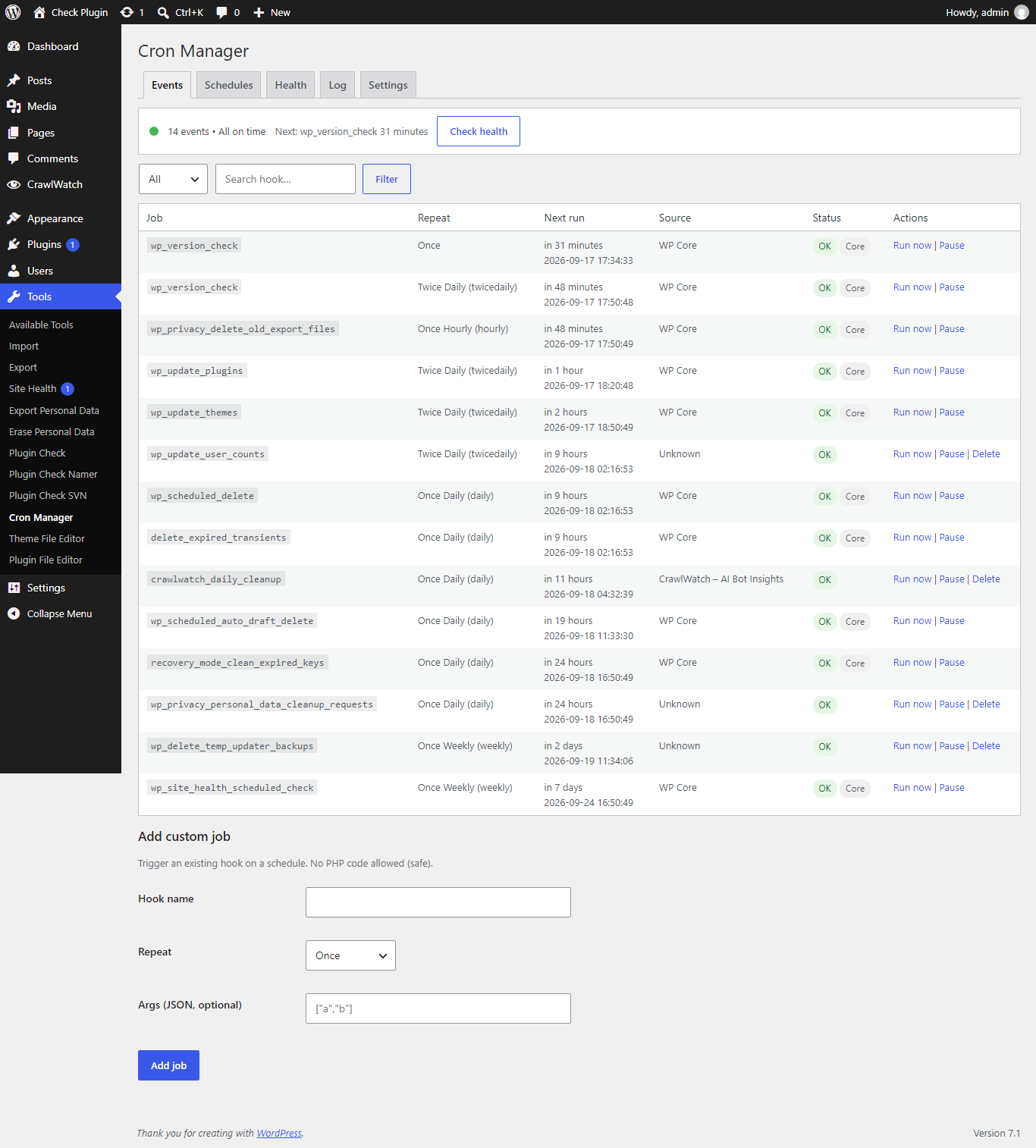 The ScheduleLens events list showing scheduled jobs with their repeat interval, next run time and source plugin