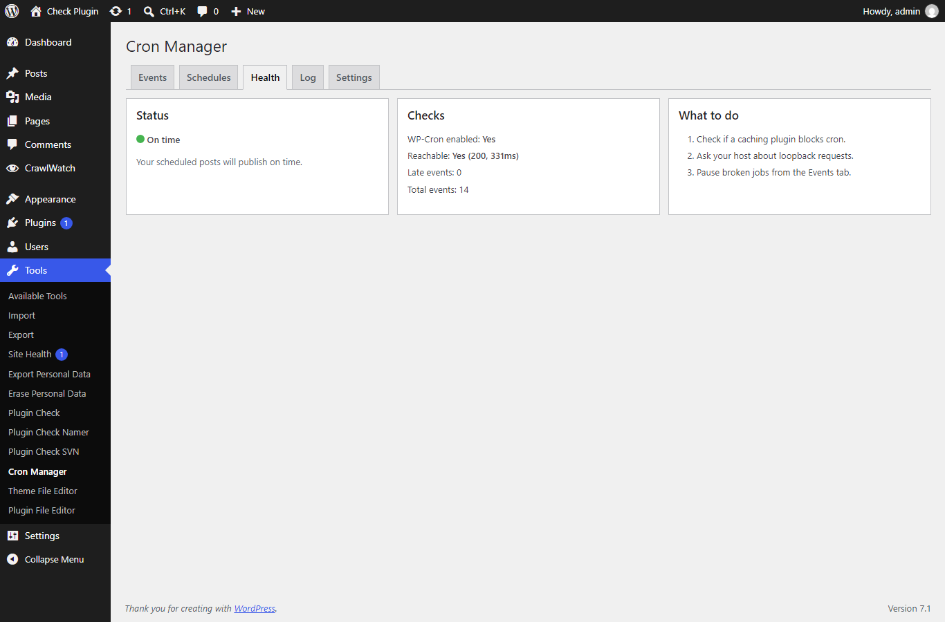 The ScheduleLens Health tab showing wp-cron status with Green, Yellow or Red indicators and fix steps