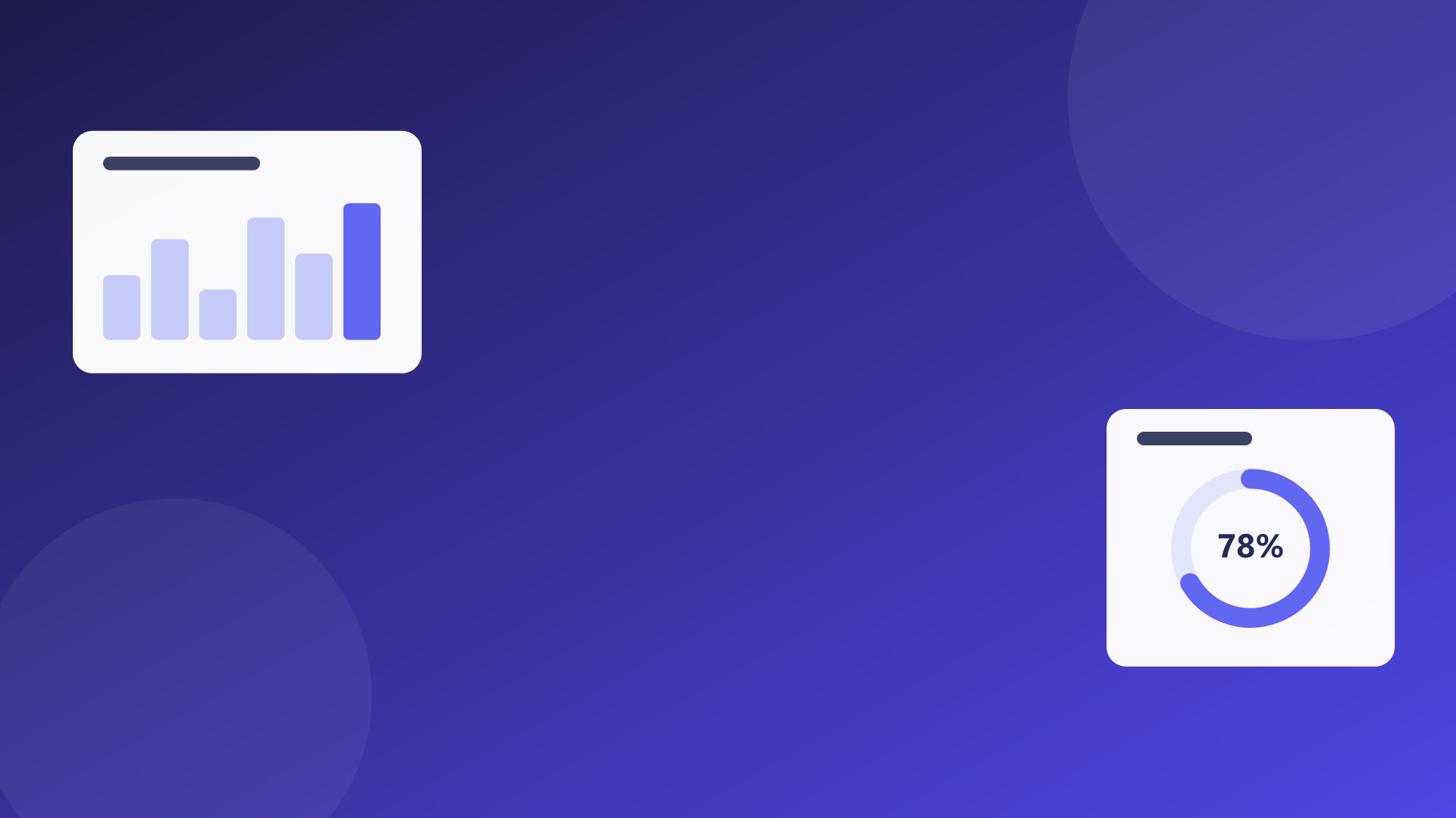 Analytics dashboard cards with charts on an indigo background