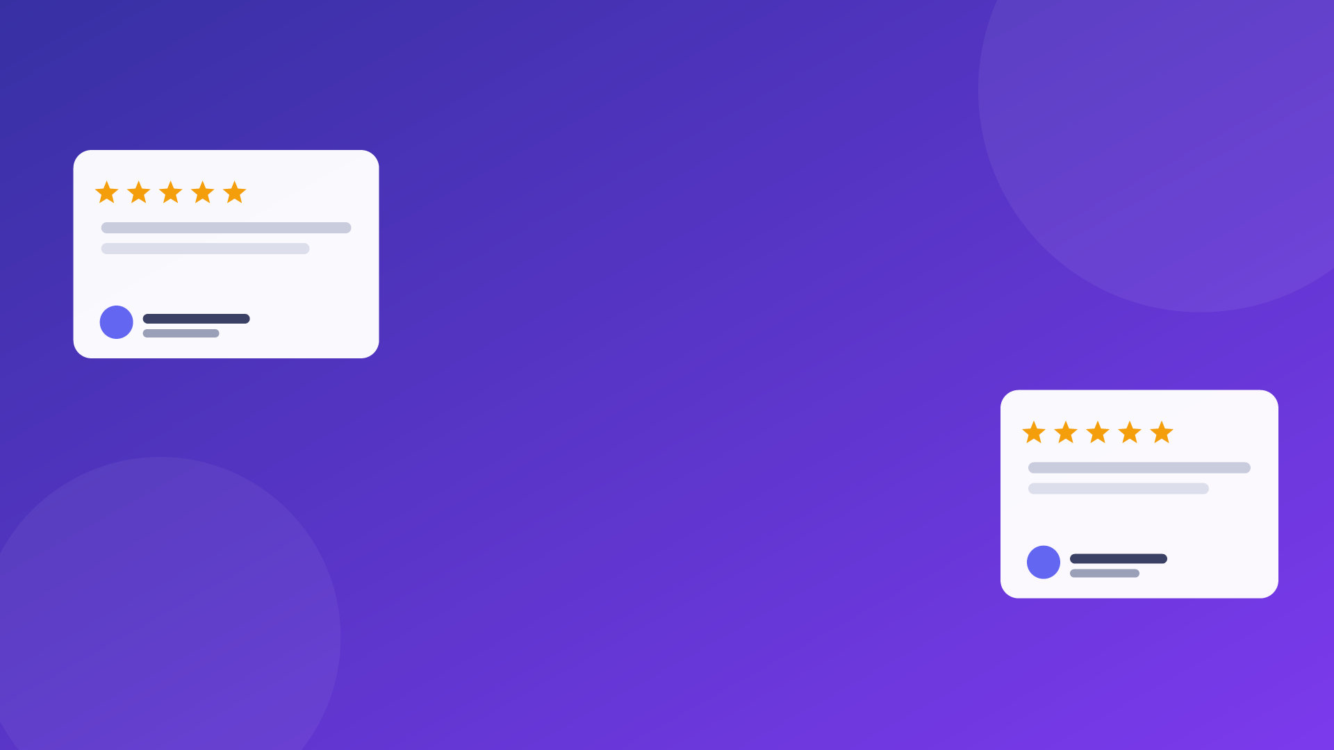 Five-star user review cards on a violet background