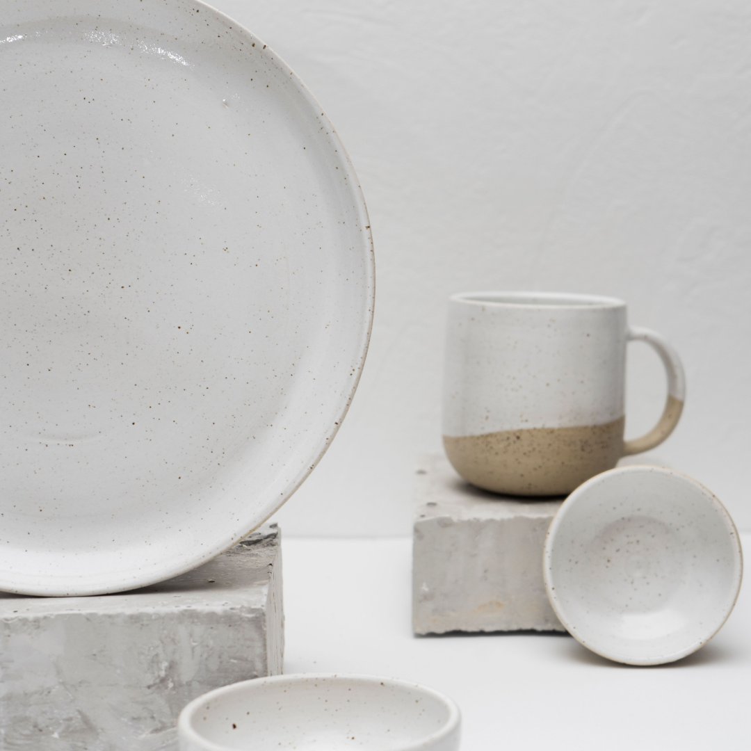 Handmade ceramic plate, mug and bowls homeware set