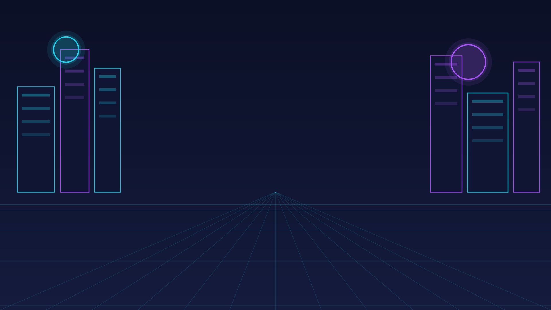 Synthwave neon city skyline over a glowing grid
