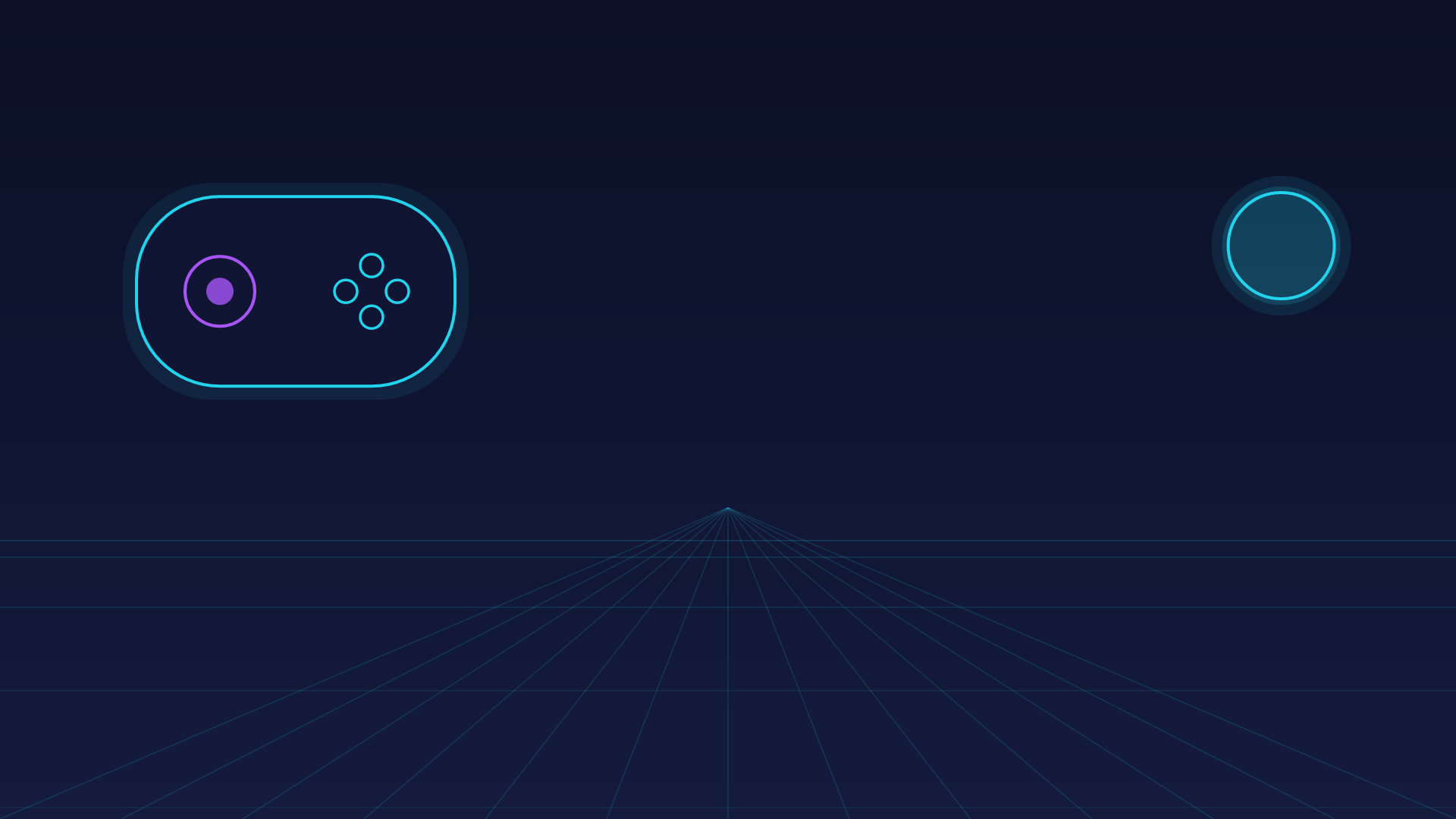 Neon outlined game controller on a dark grid background