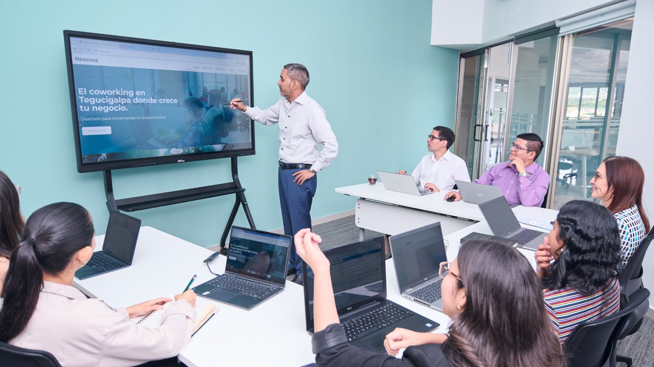 WordPress developer presenting a website project to a team in a modern office